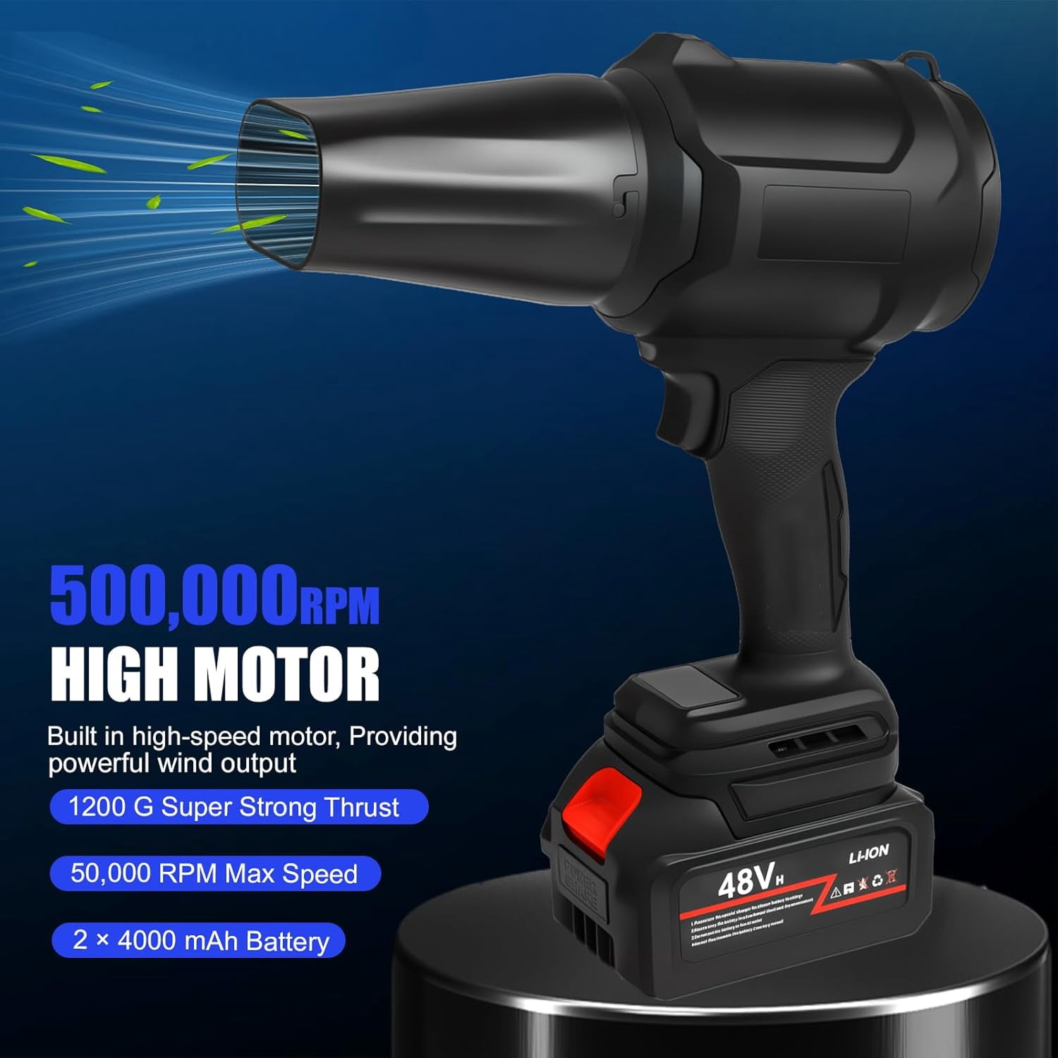 Cordless Leaf Blower, 500000RPM/min Turbo  Blower with 2 * 4000mAh Battery, 1200G Thrust 2.8LB Lightweight Handheld Blower for Lawn Care, Home, Car, Garage Cleaning
