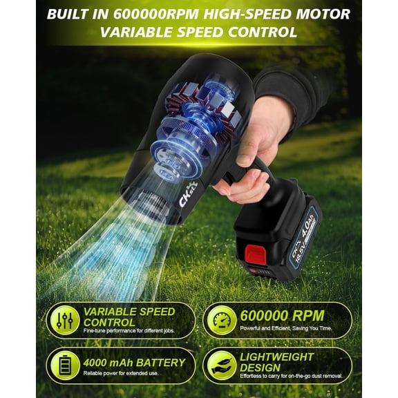 Cordless Leaf Blower, Handheld Leaf Blower - 600000RPM Turbo Blower with Adjustable Speed - 2 X 4.0Ah Batteries and Charger Included for Cleaning, Dust Cleaner, Snow Blower (Black)