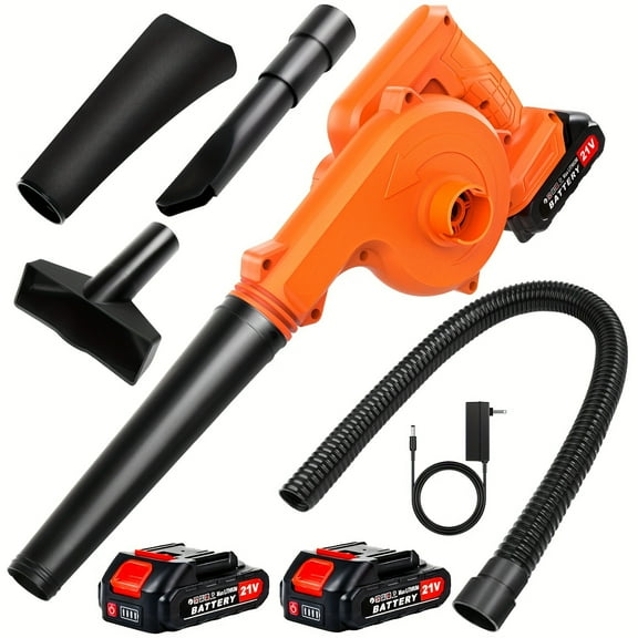Cordless Leaf Blower Vacuum - 2-in-1 Electric Blower & Suction, 2 Batteries, Handheld for Lawn, Jobsite, Pet Hair, Garage - Orange/Black, Lithium-Ion Powered