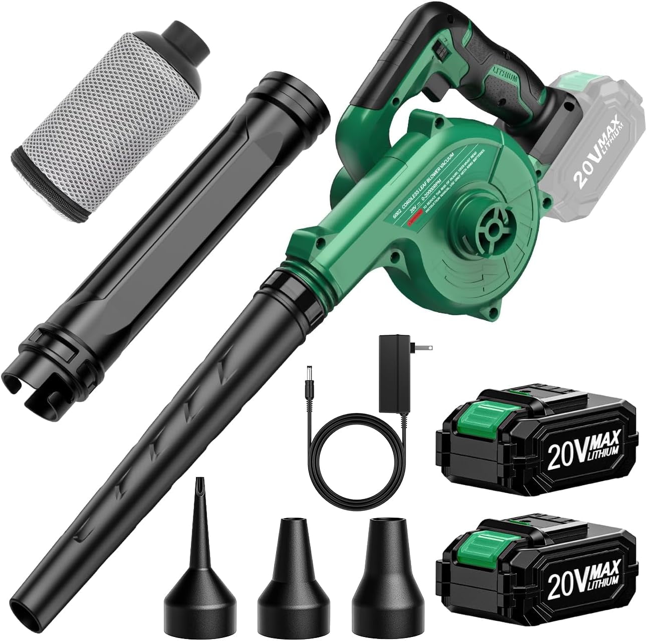 Cordless Leaf Blower Vacuum Combo 4 in 1, 3 Nozzles &3 Modes for Inflation & Deflation, Extended Tube & Variable Speed, 20000RPM 150MPH, 2x2000mAh Battery Powered Leaf Blowers for Lawn Care