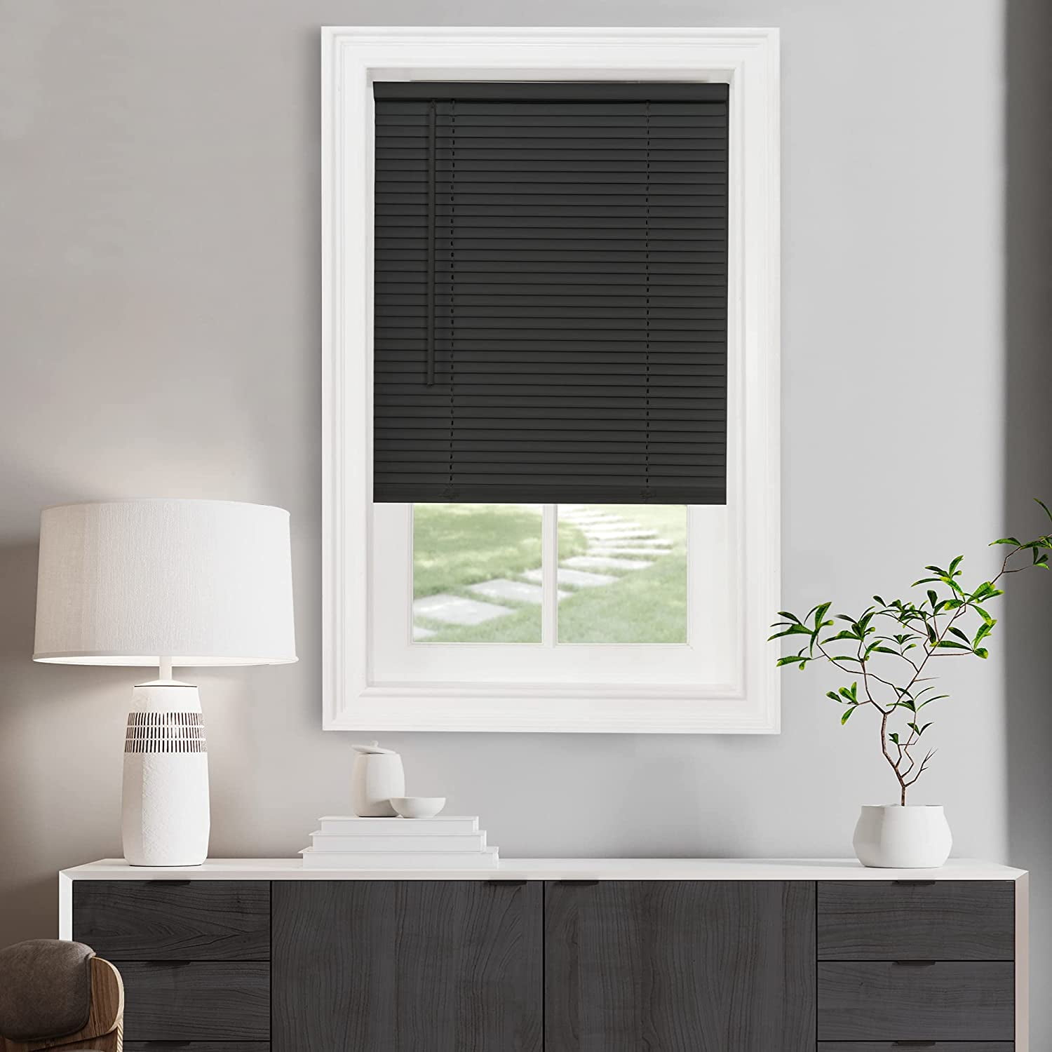 Cordless Light Filtering Mini Blind - 23 Inch Width, 64 Length, 1" Slat Size Black GII Morningstar Horizontal Windows Blinds for Interior by Home Decor