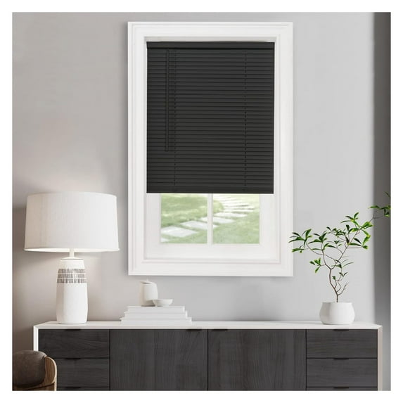 Cordless Light Filtering Mini Blind - 27 Inch Width, 64 Inch Length, 1" Slat Size - Black - Cordless GII Morningstar Horizontal Windows Blinds for Interior by Achim Home Decor