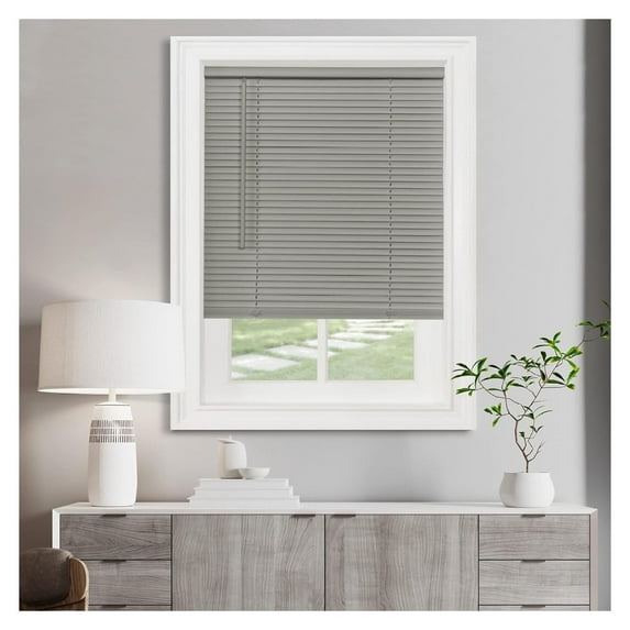 Cordless Light Filtering Mini Blind - 32 Inch Width, 64 Inch Length, 1" Slat Size - Grey - Cordless GII Morningstar Horizontal Windows Blinds for Interior by Achim Home Decor