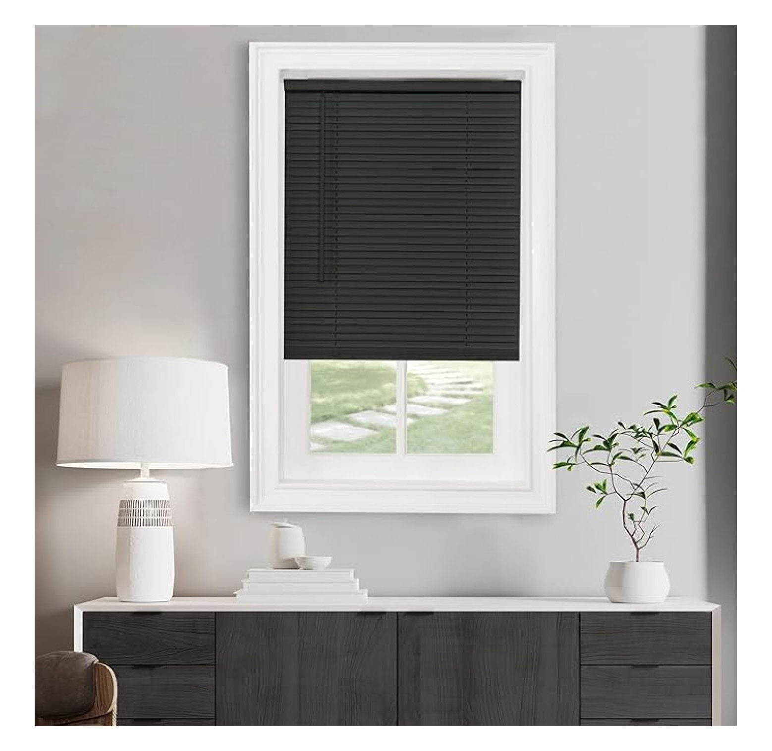 Cordless Light Filtering Mini Blind - 34 Inch Width, 72 Inch Length, 1" Slat Size - Black - Cordless GII Morningstar Horizontal Windows Blinds for Interior by Home Decor