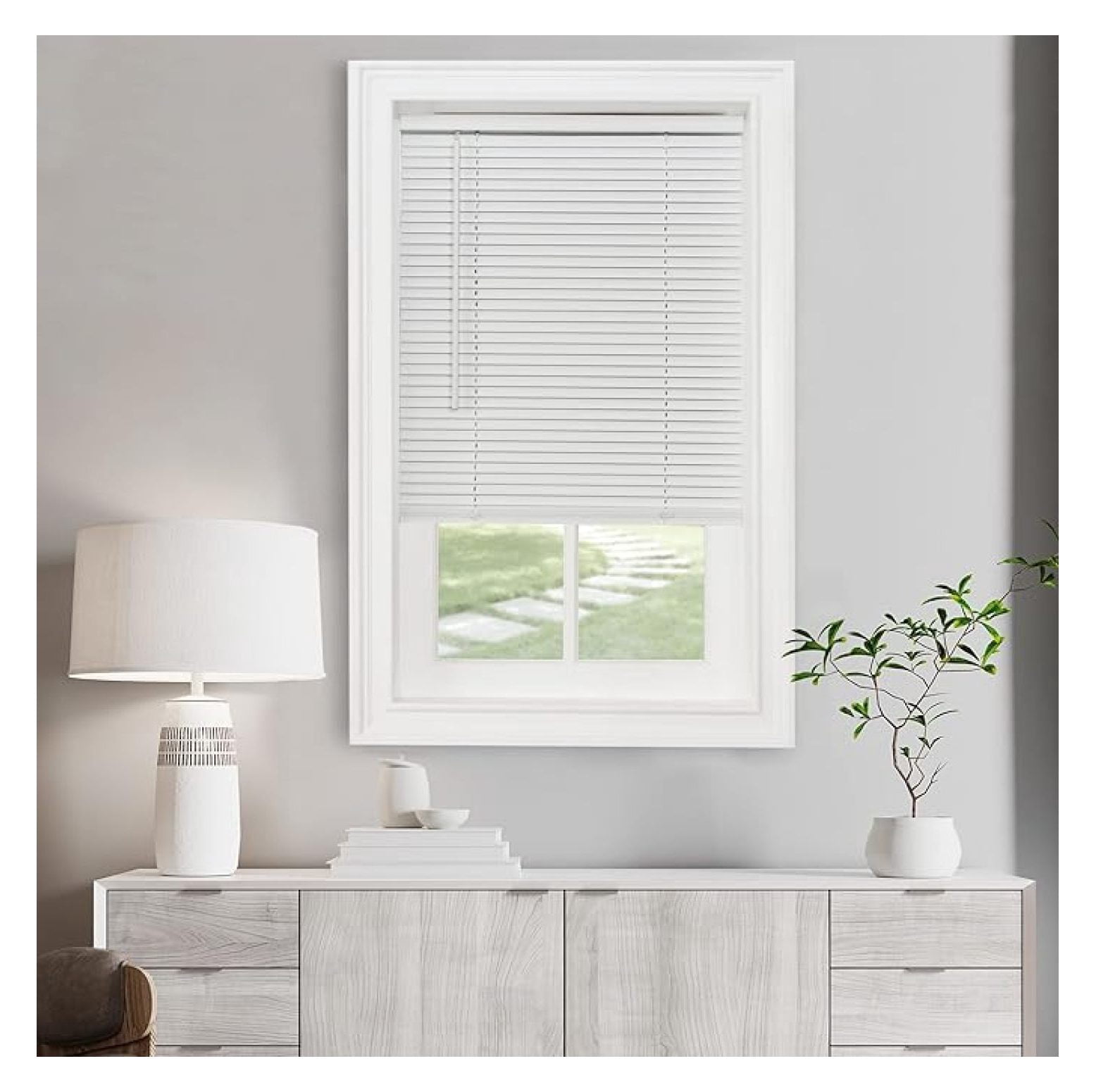 Cordless Light Filtering Mini Blind - 35 Inch Width, 64 Inch Length, 1" Slat Size - Pearl White - Cordless GII Morningstar Horizontal Windows Blinds for Interior by Home Decor