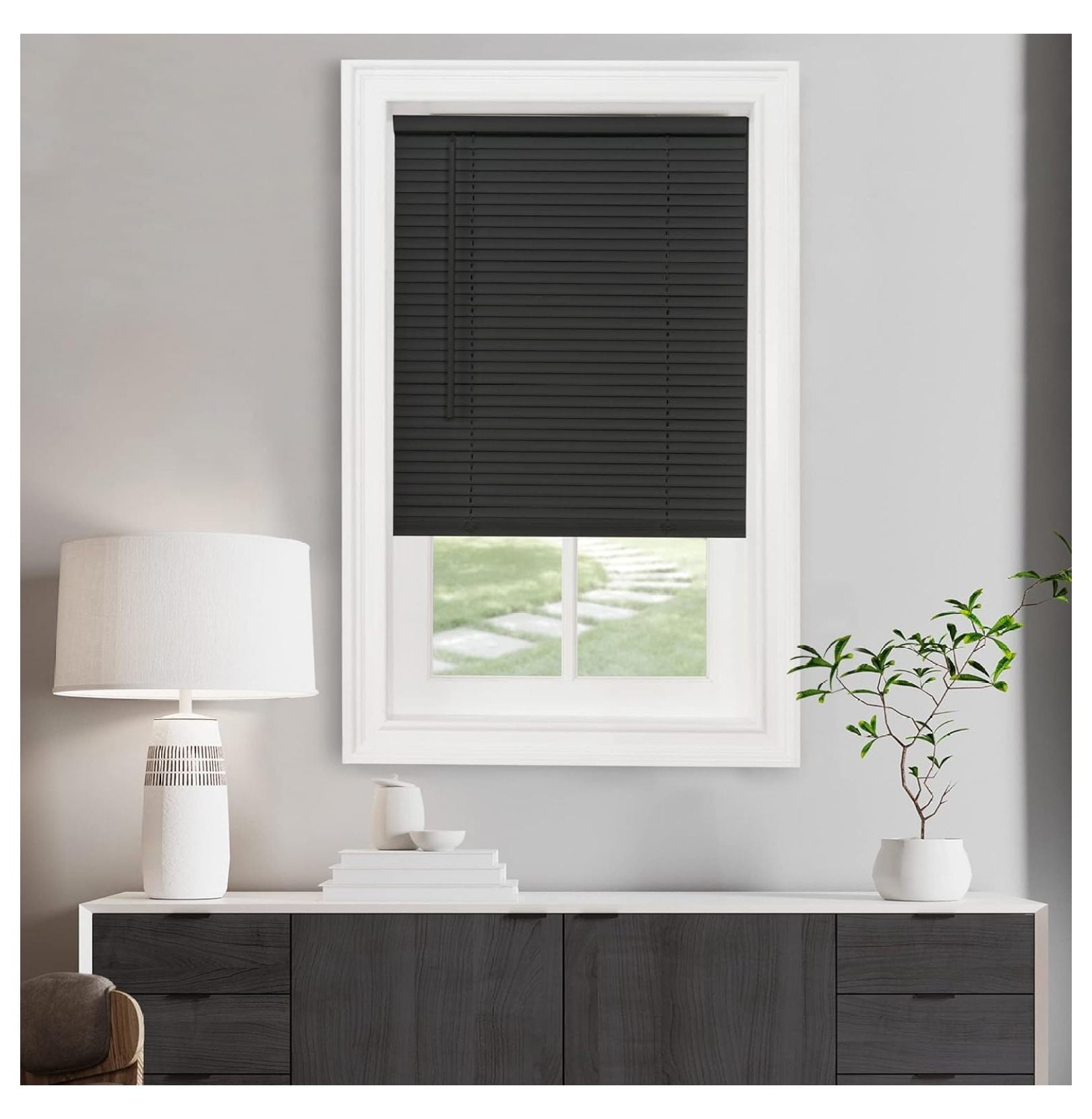 Cordless Light Filtering Mini Blinds - 39x64 Inch Black Vinyl Window Blinds - 1 Inch Slat - Child Safe Horizontal Blinds for Home & Office