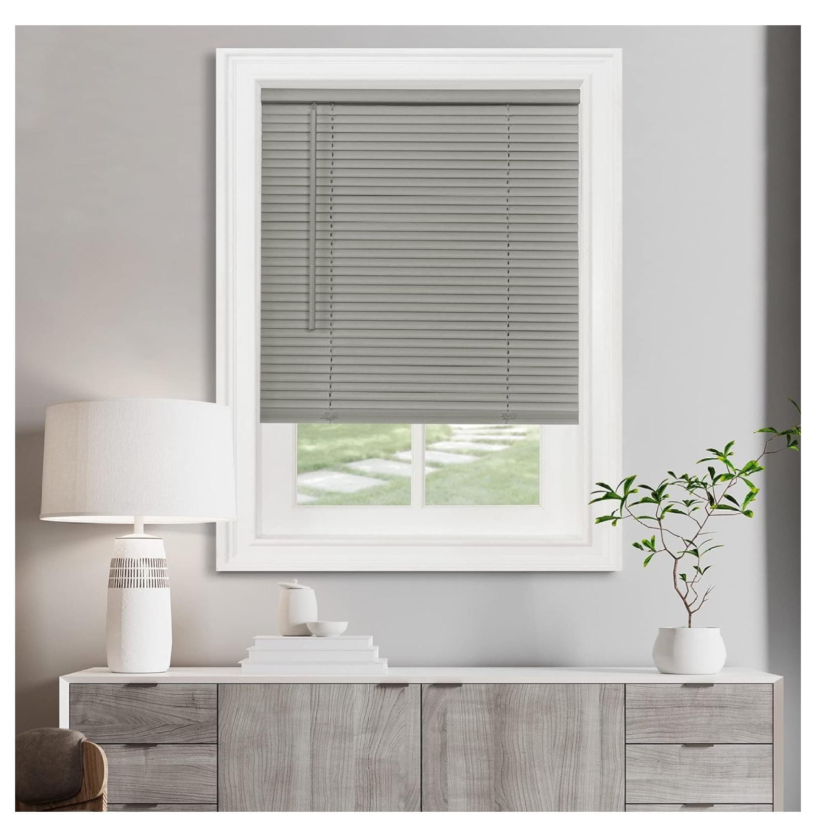 Cordless Light Filtering Mini Blind - 52 Inch Width, 64 Inch Length, 1" Slat Size - Grey - Cordless GII Morningstar Horizontal Windows Blinds for Interior by Achim Home Decor