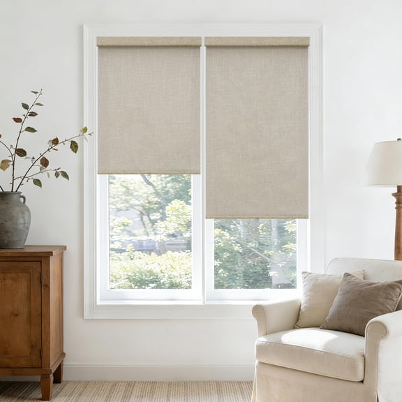 Cordless Light Filtering Shades For Indoor Narrow Windows Bay Free-stop Semi Sheer Linen Flax Roller Blinds Bedroom Living Dining Room Tan Beige Colored 23 Inch Width 23" W X 72" H