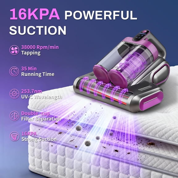 Cordless Mattress Vacuum Cleaner, 16kpa Bed Vacuum Cleaner with 253.7nm Uv-C Light 48000 RPM/Min Brushroll & Ultrasonic Tech Dual Bins for Dust & Widen Suction Port 120w for Bed Sofa()