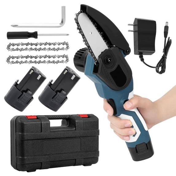 Cordless Mini Chainsaw, 4-Inch Portable Electric Chain Saw with 2 Batteries, Handheld Pruning Saw for Tree Branches, Wood Cutting, with Tool Case