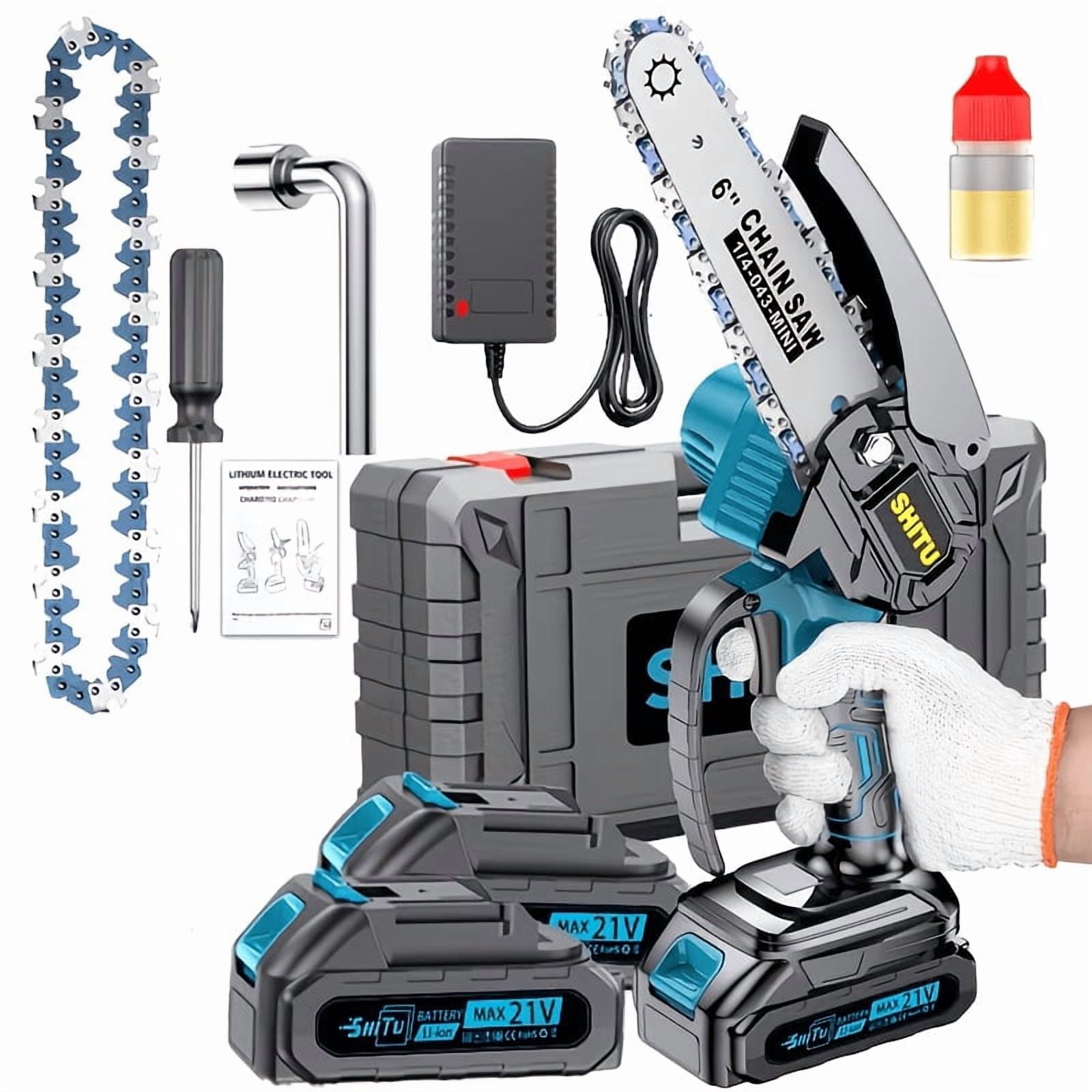Cordless Mini Chainsaw with Automatic Oiler, 6 Inch Lithium Electric Handheld Saw with Safety Lock, Portable Chainsaw for Garden Pruning & Woodworking