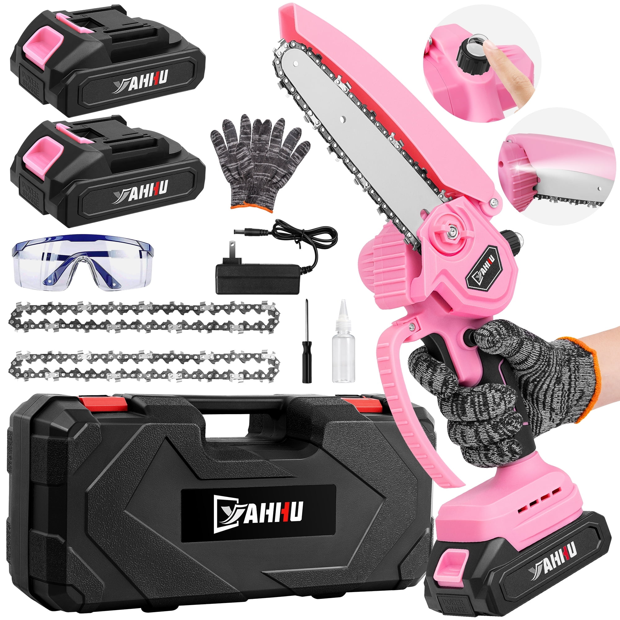 YAHHU 6 inch Mini Chainsaw Set with Oiler System & 21V Battery, Cordless Electric Chainsaw, Pink,New