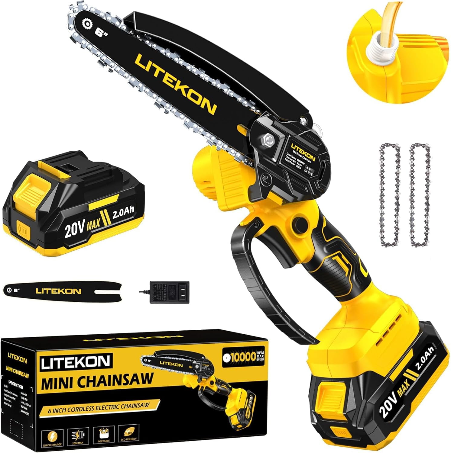 Cordless Mini Chainsaw Kit with 2000mAh Battery & Quick Charger & 2 ...