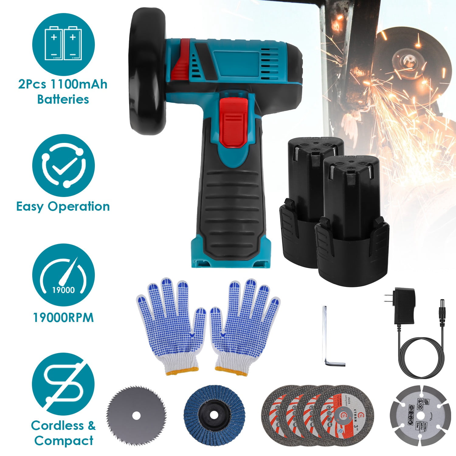 Cordless Mini Grinder 2 x 12V Battery Powered 19000 RPM 3 Inch Angle Grinder Tool with Cutting Wheels Saw Blade Sanding Disc for Metal Wood Tile Cutting Grinding Polishing DIY Home Workshop Projects
