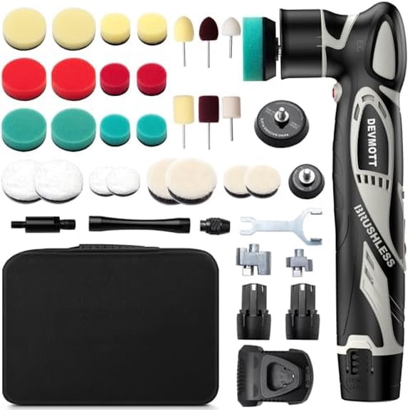 Cordless Mini Polisher, 12V Brushless Motor, 1/2Inch Mini Buffer Polisher with 2 x 2.5Ah Batteries, 2000-5500 RPM, RO/DA Polishing Kits for Car Waxing, Polishing & Scratch Removal