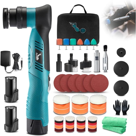 Cordless Mini Polisher  Change 1/3inch 12mm and 3mm Orbital, DA/RO Small Polisher for  Detailing 6 Speeds, 2 count 2000mAh Li- , with Collet, Cone Cylinder Polishing Pads