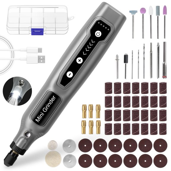 Cordless Mini Rotary Tool Set - 64Pcs Accessories 5 Speed 5000-18000rpm Multi-Purpose Mini Electric Grinder Kit 3.7V USB Rechargeable with Light for Engraving Grinding Polishing Cutting DIY Grey
