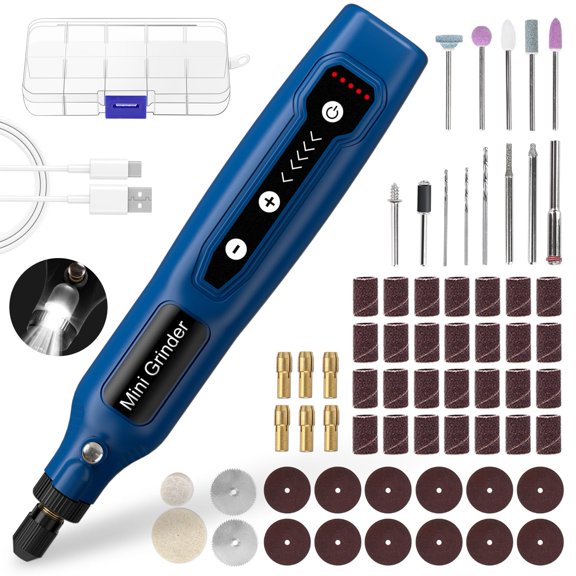 Cordless Mini Rotary Tool Set - 64Pcs Accessories 5 Speed 5000-18000rpm Multi-Purpose Mini Electric Grinder Kit 3.7V USB Rechargeable with Light for Engraving Grinding Polishing Cutting DIY Blue