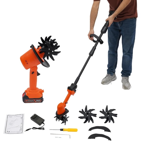 Cordless Mini Tiller Cultivator, 21V 235RPM Electric Mini Tiller with 4 Blades, 4 Inch Hand Held Tiller Garden Tool for Gardening, Lawn, Soil(Include 1 Battery & Charger)