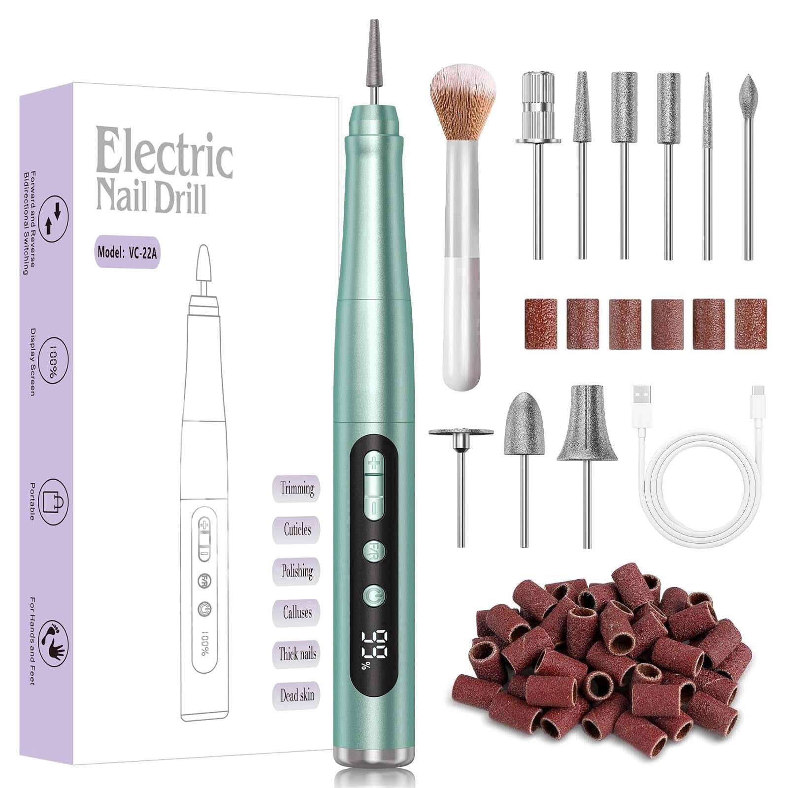 Cordless Nail Drill 35000RPM, LCD Display Low Noise Nail File Kit, Portable Manicure Pedicure Tool for Acrylic/Gel Nails, with 9 Drill Bits & Sanding Bands