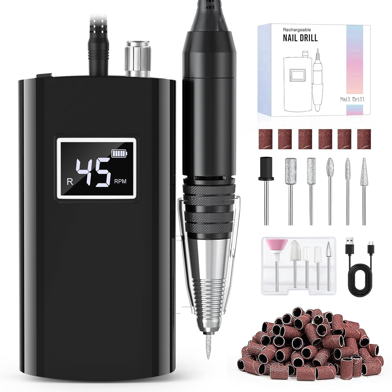45000RPM Cordless Nail Drill, Professional Electric Nail File Kit with 11 Bits & LCD Display for Salon and Home Use