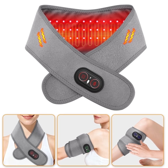 Neck Heating Pad with Massage, Heating Neck Wrap with Led Light, Electric Nape Heating Pad with 3 Heat & 3 Vibration Modes, 3000mAh Rechargeable, Cordless Heated Wrap for Calf Arm Wrist, Gray