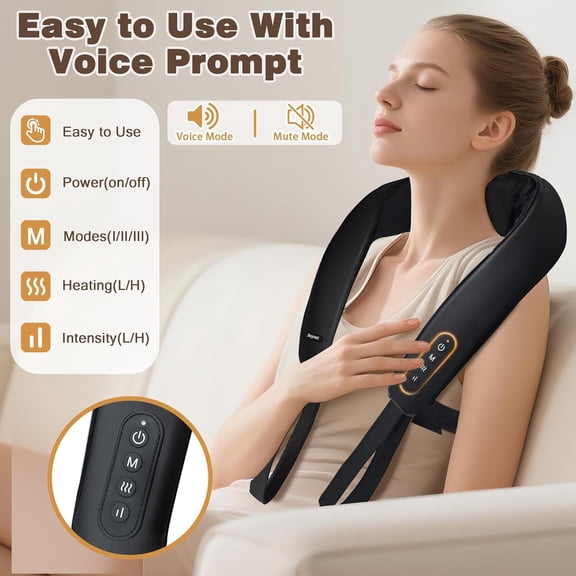 Cordless Neck Massager with Heat, 6D Shiatsu Deep Tissue Pain Relief for Neck Shoulder Back, Portable Wearable Massage Device with Voice Control and 3 Modes