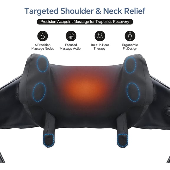 Cordless Neck Shoulder Massager with Heat Deep Tissue Shiatsu Kneading Upgraded Straps for Pain Relief Portable Pillow Home Office Travel Gift