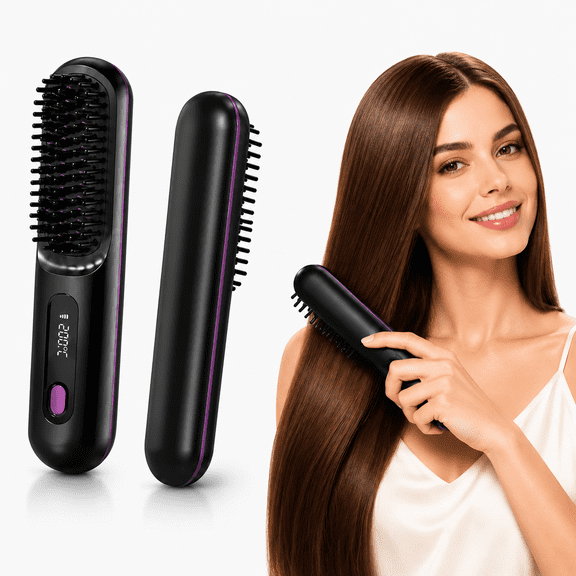Cordless Hair Straightener Brush, USB Rechargeable Portable Hair Straightening Comb with Digital Temperature Display, Anti-Scald Negative Ion Travel Hair Brush for Frizz Control, Black