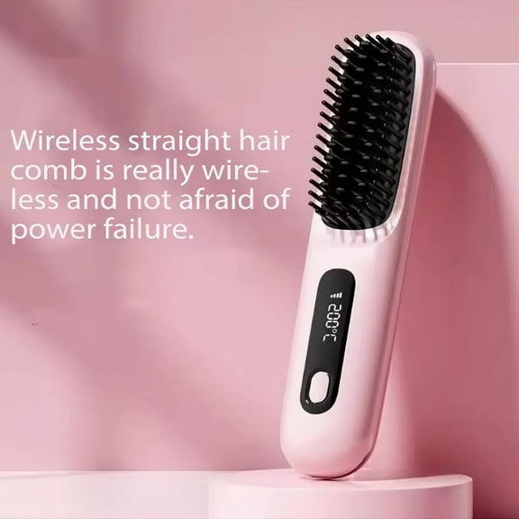 Cordless Negative Ion Hair Straightener Brush, Portable Ceramic Ionic Technology for Travel, LCD Display, Fast USB Charging, Anti-Scald Safety, Includes Hair Clips, Pink