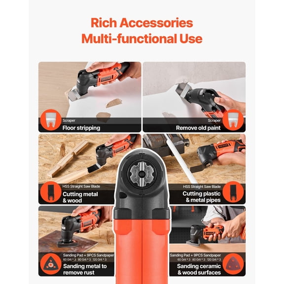 Cordless Oscillating Tool,20V Oscillating Multi Tool Kit with 6 Variable Speeds 8500 - 17000 OPM,3.2 Oscillation Angle,2.0Ah Battery Pack&Charger,12PCS Saw Accessories&LED Work Light