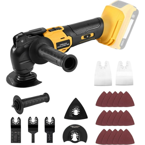 Cordless Oscillating Tool, Brushless Orbiting Tool Compatible with De-Walt 20V Battery, 23 PCS Multi-Tool Kit with Auxiliary Handle for Cutting, Scraping, Sanding, 6 Variable Speed (Tools Only)