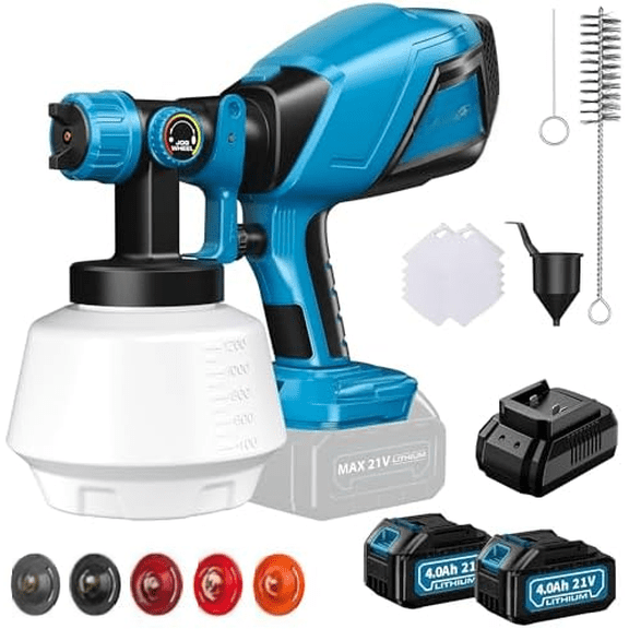 Cordless Paint Sprayer with 2 Batteries, 1000W HVLP 21V Battery Powered Handheld Paint Gun Kit, 5 Nozzles & 3 Spray Patterns, Electric Paint Sprayer for House Painting Graffiti Fence Wall