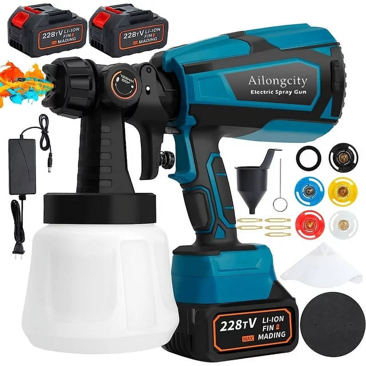 Ailongcity, 600W, 228V Blue Cordless Paint Sprayer, 1000ml Capacity, 3 Patterns, 2 Pack