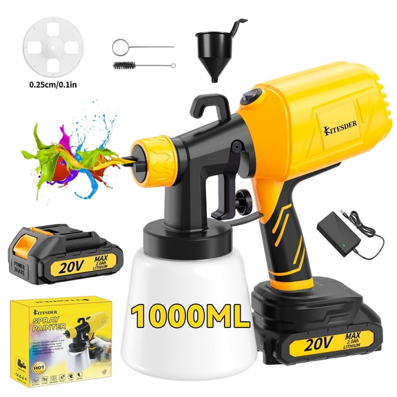 Cordless Paint Sprayer, 800W HVLP High Power Electric Spray Gun with 1000ml and 2 Batteries for Home Interior Exterior