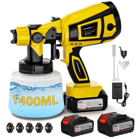 Cordless Paint Sprayer with Battery 2 of 4000mAh, 5 Nozzles & 3 Adjustable Spray Modes, Spray Paint Gun with 1400ML Container, Handheld Paint Sprayer for House Painting Furniture Cabinets Fence Wall