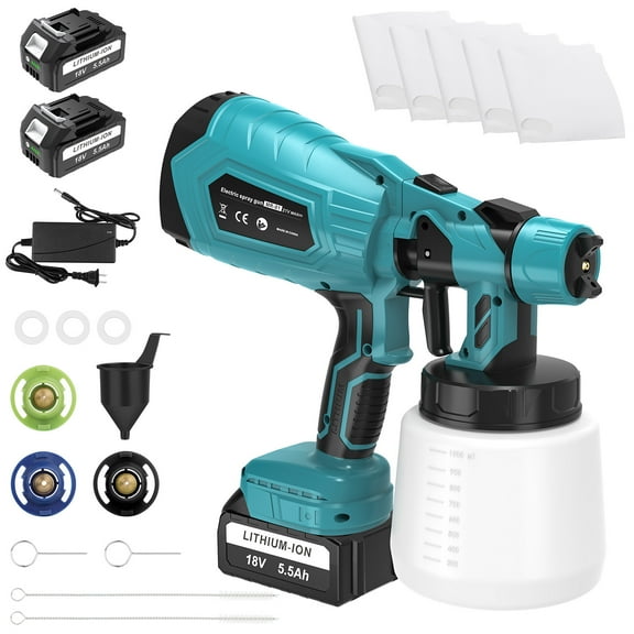 Cordless Paint Sprayer Battery Powered, Handheld Electric Paint Sprayer with 2Pcs 5.5Ah Battery, 3 Adjustable Modes, 3 Nozzle for House Furniture Cabinet Painting
