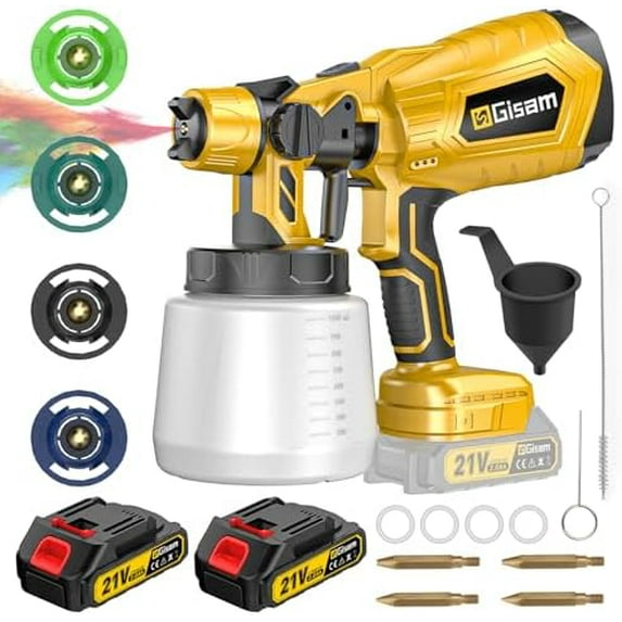 Cordless Paint Sprayer with Brushless Motor - 2 Batteries, 4 Brass Nozzles, 3 Spray Patterns, HVLP Spray Gun, Adjustable Flow Control, Electric Paint Spray for House/Furniture/Fence DIY Projects