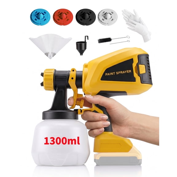 Cordless Paint Sprayer Compatible with Dewalt 20V Battery (No Battery), HVLP Electric Paint Spray Gun with 1300ml Container, 4 Nozzles & 3 Patterns for House Painting, Furniture, Fence, Walls, Door