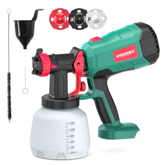 Cordless Paint Sprayer Compatible with Makita 18V Battery Packs  HYCHIKA Spray Gun. Equipped with a 1200ml paint container, three nozzle sizes, and two cleaning tools.
