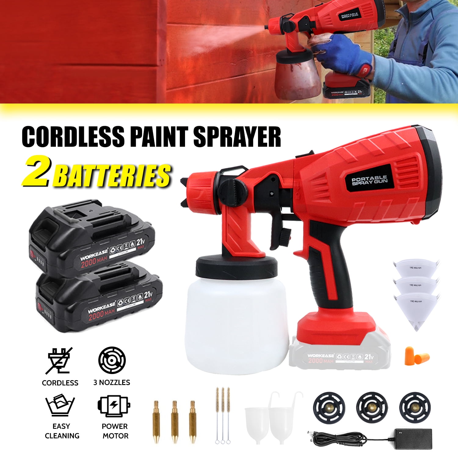CANBRAKE Cordless Paint Sprayer, 21V HVLP Electric Spray Paint Gun with 2 x  4.0Ah Batteries 6 Copper Nozzles & 1000ml Container, Home