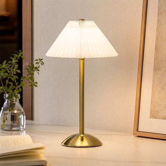 Cordless Pleated Table Lamp, Rechargeable Vintage Bedside Lamp, Portable Fabric Shade Night Light for Bedroom Dining Room Home Decor