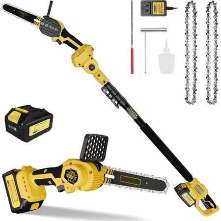 Cordless Pole Saw & Mini Chainsaw 2-IN-1, 21V 3Ah Battery Powered 6 Inch Brushless Electric Rotatable Pole Saw, 15-Foot Max Reach & Multi-Angle for Tree Branches Pruning, Wood Cutting
