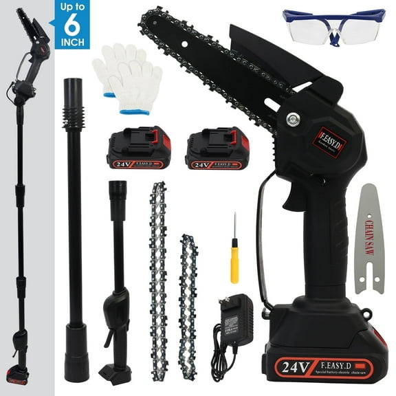 Cordless Pole Saw, Mini Chainsaw with Retractable Extension Rod and 2 Replaceable 24V Batteries for Tree Trimming
