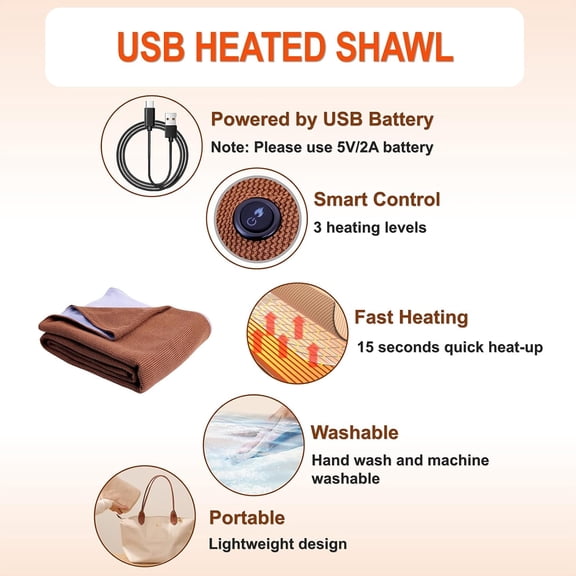 Cordless Portable Electric Heating Blanket, Battery Heated Wearable Shawl Wrap Blanket for Car, Camping, Home, Office, Wireless USB Zipper Heated Warming Shawl Poncho Cape Washable (Brown)