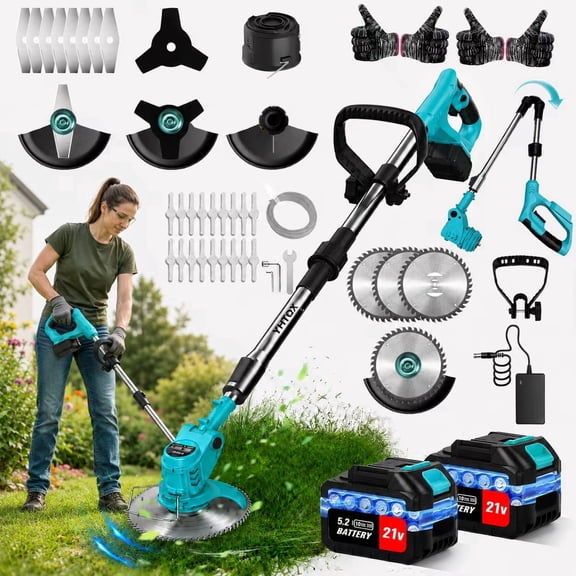 Cordless Portable Electric Lawn Mower Integrates Weeding And Edge Trimming Functions. It Is Equipped with Two Large-Capacity Lithium Batteries for Long Endurance. The Cutting Head