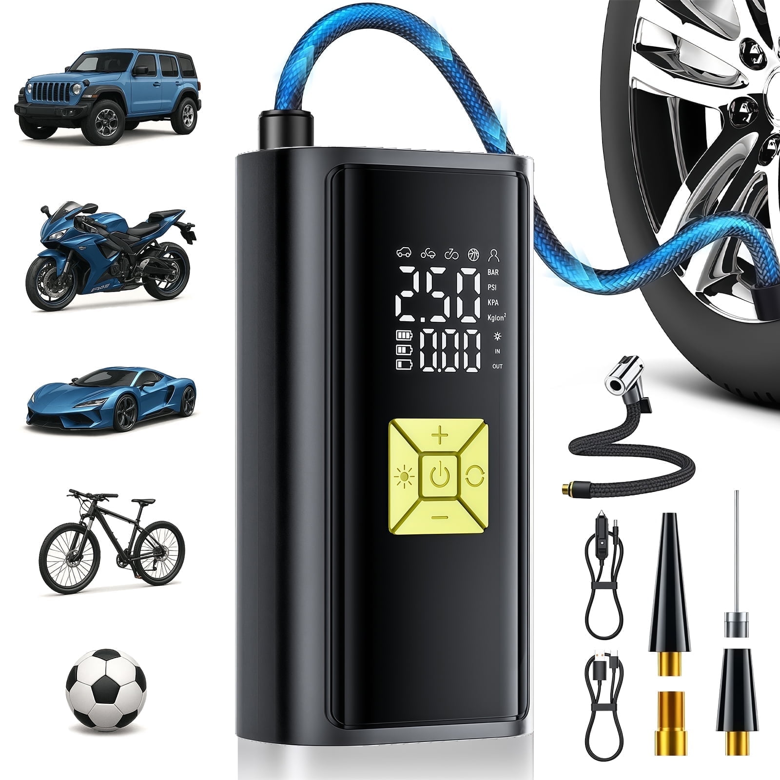 Tire Inflator Portable Air Compressor, Portable Cordless Mini Air Pump with Digital Pressure Gauge 150PSI Fast Inflation and Auto Shutoff Function Tires Pump for Cars Motorcycles Bikes Balls