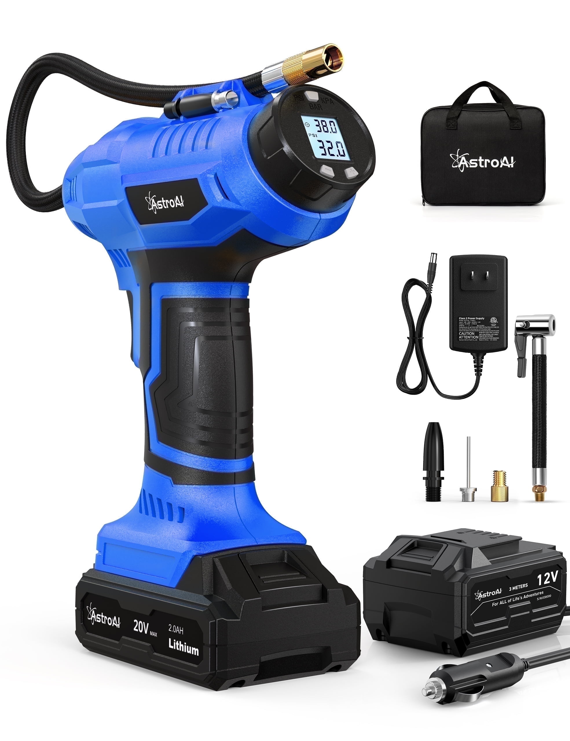 AstroAI Cordless Portable Tire Inflator, Air Compressor for Car Tires, Compact Air Pump Fast Inflation with Auto Shut off, 160 PSI Digital Pressure Gauge, Rechargeable Battery & 12V DC,Bule