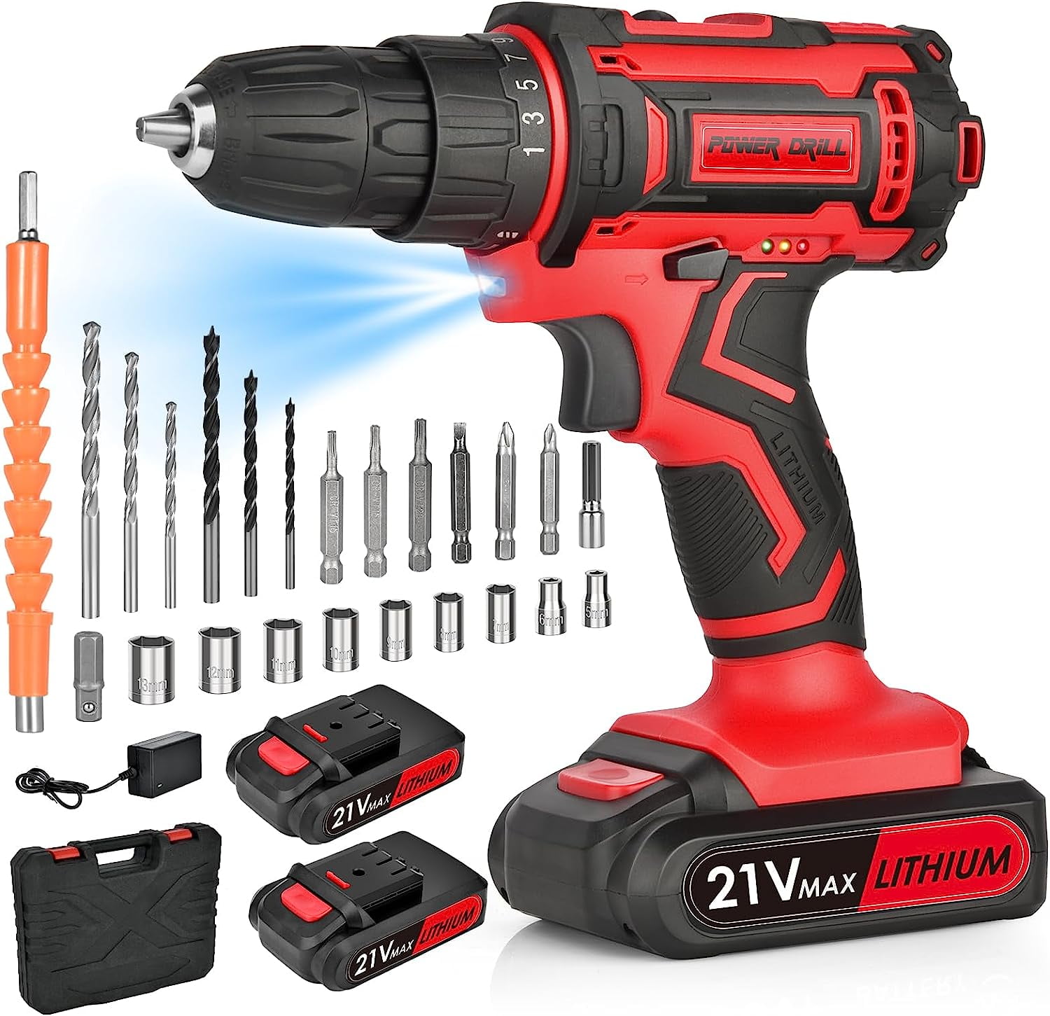 Cordless Power Drill, Electric Screwdriver Drills Set with 2 Batteries