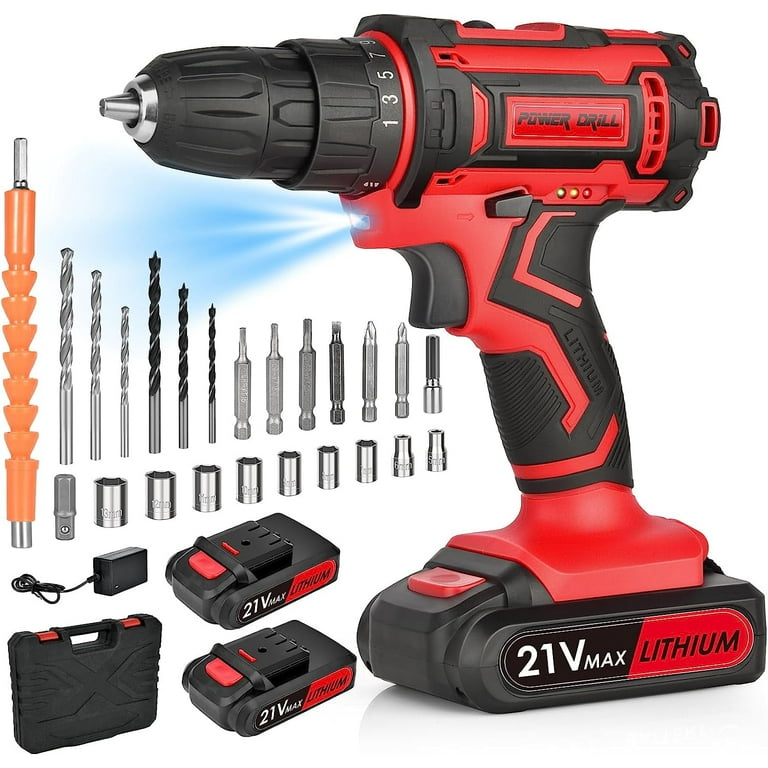 Cordless Power Drill Electric Screwdriver Drills Set with 2 Batteries 25 3 Torque 2 Speed Impact Drill Driver with 24PCS Drill Bits Electric